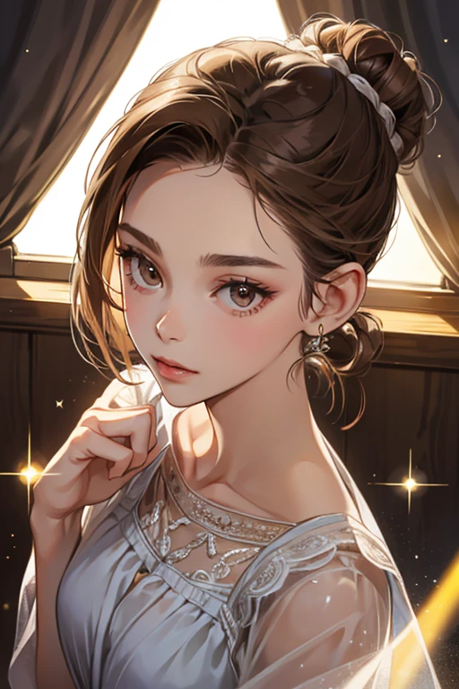 She is a woman with average adult height. Her brown hair is pulled back into a bun. She has light brown eyes. SPARKLE; GLITTER