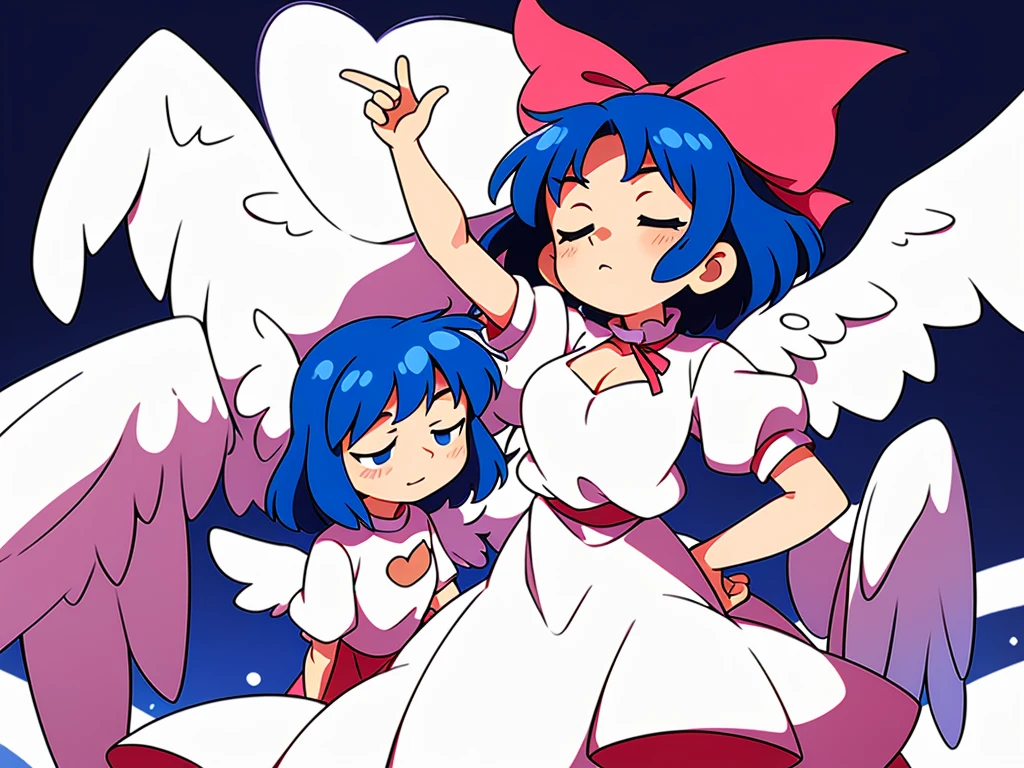 (best quality,4k,8k,highres,masterpiece:1.2), ultra-detailed, highly detailed texture, intricate details, A cute teenage angel with blue eyes, drawn in anime style, 1girl, , , 10 years old, medium blue hair, hair flaps, pink ribbon on head, well-formed face, blue eyes, angel girl, white blouse, puffy short sleeves, red ribbon, angel wings, long white skirt, red shoes, frills, ribbon head, A pair of angel wings on the back, from behind, to lift up one’s skirt, cowboy shot, from front, standing , raise one leg, crossed arms, arms up behind, arms behind back, hand between legs, put hands hip, one hand on hip, forward hands, arms raised in the air, punch hands, peace sign, waving, put up index finger, sit, lie down, closed eyes, lie face down, looking back, put one hand chest, leaning forward, cleavage, close up, horizontally outstretched arms, horizontally outstretched legs, front view, front face