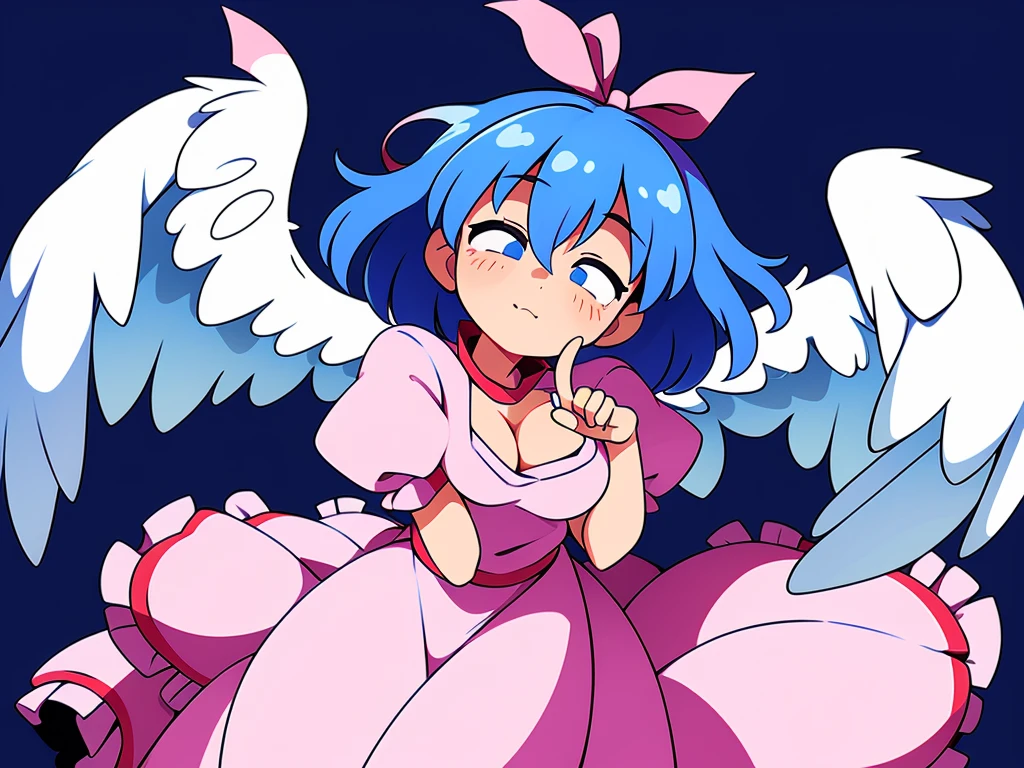 (best quality,4k,8k,highres,masterpiece:1.2), ultra-detailed, highly detailed texture, intricate details, A cute teenage angel with blue eyes, drawn in anime style, 1girl, , , 10 years old, medium blue hair, hair flaps, pink ribbon on head, well-formed face, blue eyes, angel girl, white blouse, puffy short sleeves, red ribbon, angel wings, long white skirt, red shoes, frills, ribbon head, A pair of angel wings on the back, from behind, to lift up one’s skirt, cowboy shot, from front, standing , raise one leg, crossed arms, arms up behind, arms behind back, hand between legs, put hands hip, one hand on hip, forward hands, arms raised in the air, punch hands, peace sign, waving, put up index finger, sit, lie down, closed eyes, lie face down, looking back, put one hand chest, leaning forward, cleavage, close up, horizontally outstretched arms, horizontally outstretched legs, front view, front face