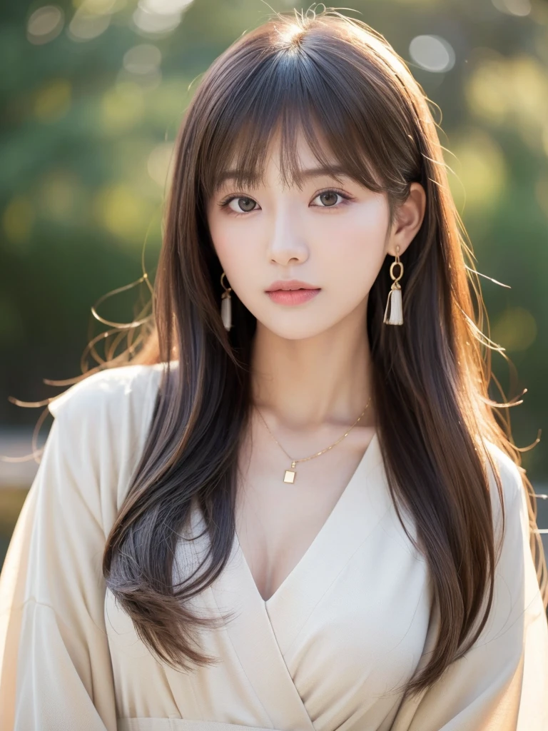  ((Highest quality, 8K, masterpiece:1.3)), concentrate: 1.2, Perfect body beauty: 1.4, Hips: 1.2, ((Long Hair, chest: 1.2)), (Dry clothes: 1.1) , (clear, Simple Background:1.3), Simple clothes: 1.1, Highly detailed face and skin texture,Delicate eyes, double eyelid, Whitened skin, Rough skin、Long Hair、Earrings with bangs、necklace、 solo、Beige coat、White shirt,  (((Beautiful girl with cute Japan)))、  ((Beautiful Japanese girl 20 years old))、 ((Baby Face))、 (((Slender body)))、  Upper Body，Face focus、necklace，Simple Background，From above， Realistic Hair、 A photograph was taken:Canon EOS R6、135mm、1/1250 seconds、f2.8、ISO400、(Detailed explanation of the hand)、(Masseter muscle area)、(Exquisite CG)、Long Hair, loose and curly hair、Korean Hair、Long Hair明るいベージュ色、グラデーションハイライトグレージュのゆるふわLong Hairスタイル、