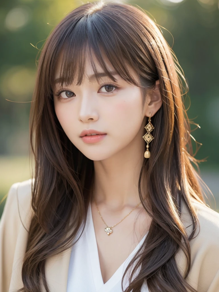 ((Highest quality, 8K, masterpiece:1.3)), concentrate: 1.2, Perfect body beauty: 1.4, Hips: 1.2, ((Long Hair, chest: 1.2)), (Dry clothes: 1.1) , (clear, Simple Background:1.3), Simple clothes: 1.1, Highly detailed face and skin texture,Delicate eyes, double eyelid, Whitened skin, Rough skin、Long Hair、Earrings with bangs、necklace、 solo、Beige coat、White shirt, (((Beautiful girl with cute Japan)))、 ((Beautiful Japanese girl 20 years old))、 ((Baby Face))、 (((Slender body)))、 Upper Body,Face focus、necklace,Simple Background,From above, Realistic Hair、 A photograph was taken:Canon EOS R6、135mm、1/1250 seconds、f2.8、ISO400、(Detailed explanation of the hand)、(Masseter muscle area)、(Exquisite CG)、Long Hair, loose and curly hair、Korean Hair、Long Hair明るいベージュ色、グラデーションハイライトグレージュのゆるふわLong Hairスタイル、