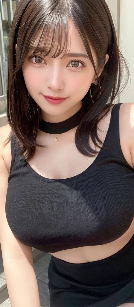 (realistic, high resolution:1.3), (face close up), 1 girl with perfect figure, super fine face and eyes, black hair,medium hair, tank top: 1.2 in random colors, short、skirt, bridge, big breasts, cleavage, choker, smile