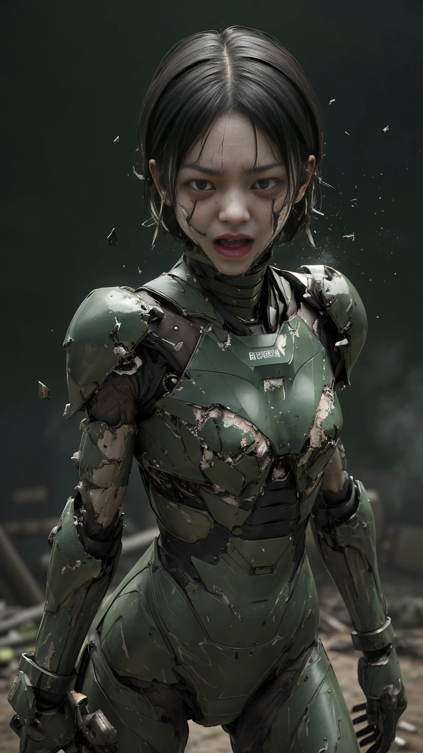 , Advanced Details, high quality, 最high quality, High resolution, 1080P 、Bleeding from the wound、Sexy Eyes、Wearing green and black、cute((The whole body is sweating))(Equipped with a damaged battle suit....)(Dark green armor)(Broken Armor)Black Hair、Chiquita、short hair、Open your mouth、Crying expression、It hurts again、Healthy Skin、20-year-old female　defeat　(Steam coming out of the face) ((Steam from the body)) 　Unable to fight　Severe attacks　((Sinking to the ground)) Ground cracking　Headgear is broken.　)) flying debris　bare hands　Armor Stripping　Sweaty Head　Sweaty face　Sweat flying　Headgear explodes　(Does not expose skin at all)