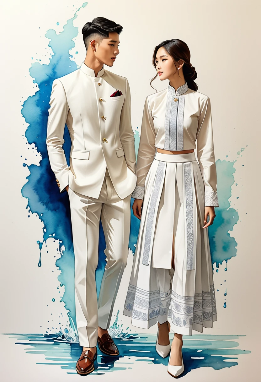 candid fashion illustration of two young man and women, 20-27 year old, adorned in a meticulously crafted North Thai traditional outfits, Lampang, ((showcase fashion Lanna style in cotton handwoven all in white)), simple elegant style, The man wears a simple long-sleeved white mandarin collar suit, paired with Tailor pants, and oxford shoes, The woman complements him with ((white tubular skirt)), ankle-length,  simple minimal patterns details, fitted intricately decorated blouse that complements the skirt, front standing, Captured in full-body image, ((imperfect water color background)), sketching, realistic drawing, imperfect water color painting, fashion look book, fashion illustrator, sketch design,