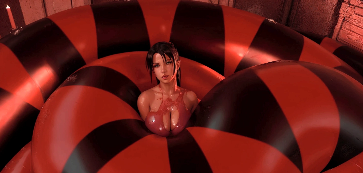 there is a woman that is sitting in a giant inflatable, tifa, tifa lockhart, glamorous tifa lockheart, tifa lockheart, seductive tifa lockhart portrait, inflatable, from ff7, covered in red slime, sinister pose, crimson themed, from final fantasy vii, deviant art, portrait of tifa lockhart, lara croft relaxing