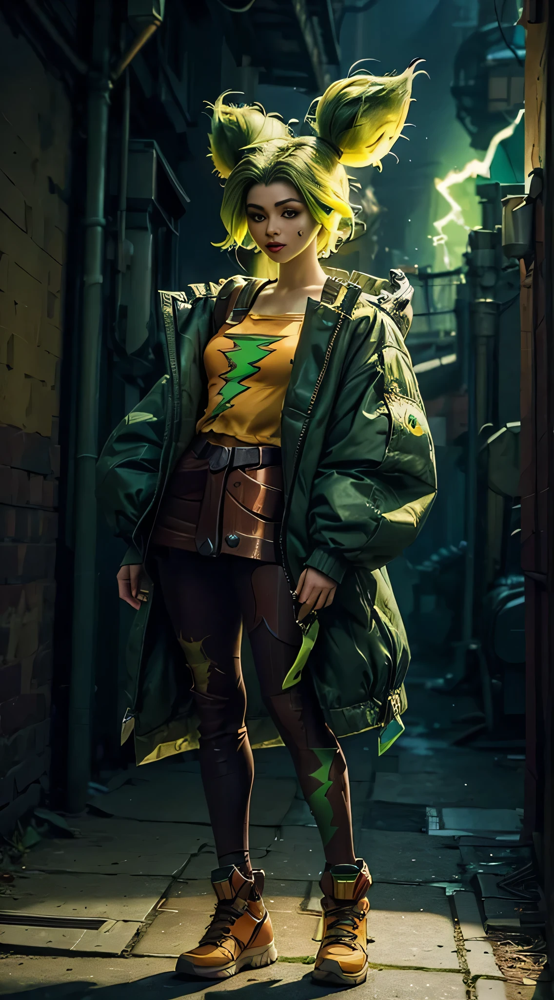(masterpiece, ultra quality, high resolution, 8k, intricate: 1.2), (zeri, from league of legends:1.6), (wearing dark blue colored puffy jacket down her shoulders, low cut jacket, long sleeves jacket:1.2), (green hair, lime green hair:1.4), (full body picture, anatomic:1.3), (green, detailed body, detailed clothes, green sparkles effect around her arms, orange t-shirt, green lightning logo printed in the middle of her t-shirt, wearning rollers:1.2), (beautiful face, detailed face, cross form bandage on her left cheek, lime green eyes:1.2)