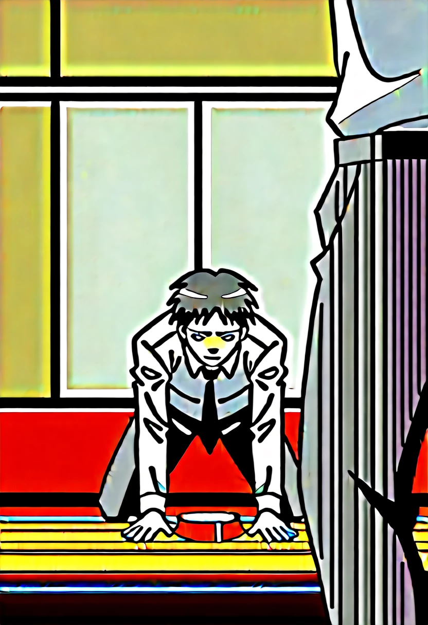 score_9, score_8_wonderful, score_7_wonderful, sauce_anime ,暗殺classroom,Sugino friend,Male Focus,Part 1: , Multiple men,Black trousers,classroom,Black tie,Long sleeve white shirt,Get on all fours and place your hands on the floor,penis,Wearing a collar with a leash,Semen in dog food bowl