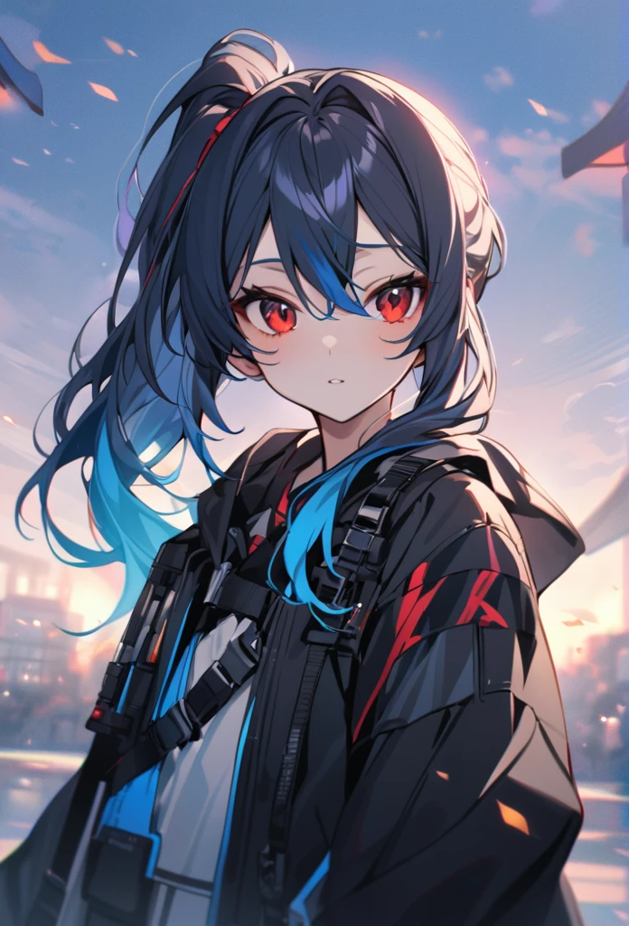 Girl with long hair tied in a black side ponytail with blue tips and red eyes 
