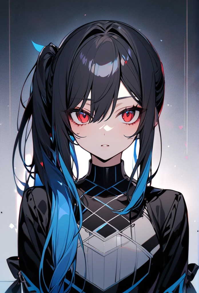 Girl with long hair tied in a black side ponytail with blue tips and red eyes 