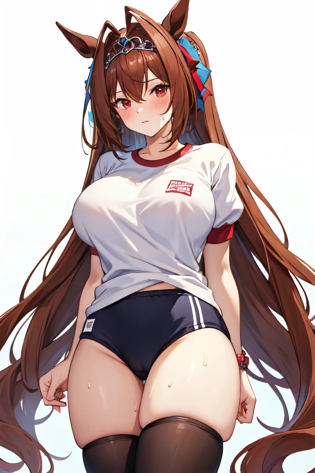 Scarlet Daiwa, Thighs, Brown hair, White background, cola, animal ears, hair intakes, tiara, very wide, wide, 1 girl, twincolas, Alone, looking at the viewer, white shirt, big breasts, shirt, horse tail, buruma, horse, Red eyes, session, sweat, horse ears, blush, gym uniform, gym shirt, simple background, Red brown, short sleeves