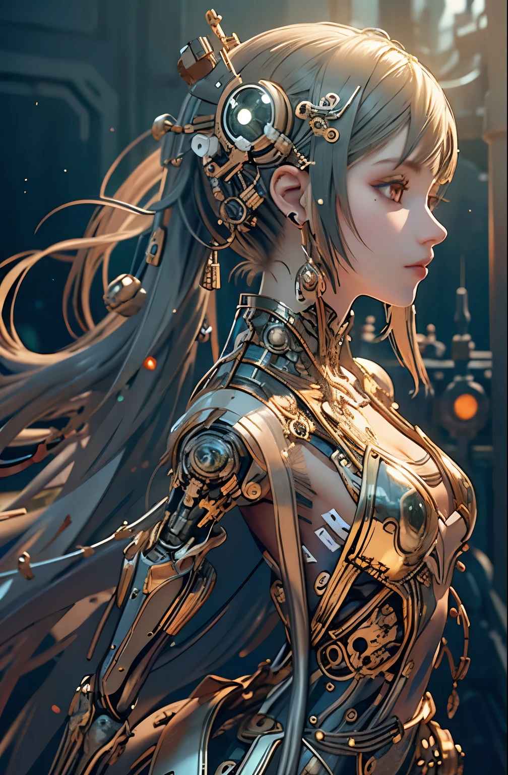 A translucent and mysterious mechanical girl, Futuristic Girl, Mechanical joints, Futuristic sci-fi background, Model shooting style, Ultra Definition CG Integrated 8k Wallpaper, Abstract style beauty, Surreal, 8K, Super detailed, The best quality at its best, Award-winning, Anatomically correct, 16K, Super detailed, Sporty clothing, landscape, High Dynamic Range, Studio Lighting, Vibrant colors, Bokeh