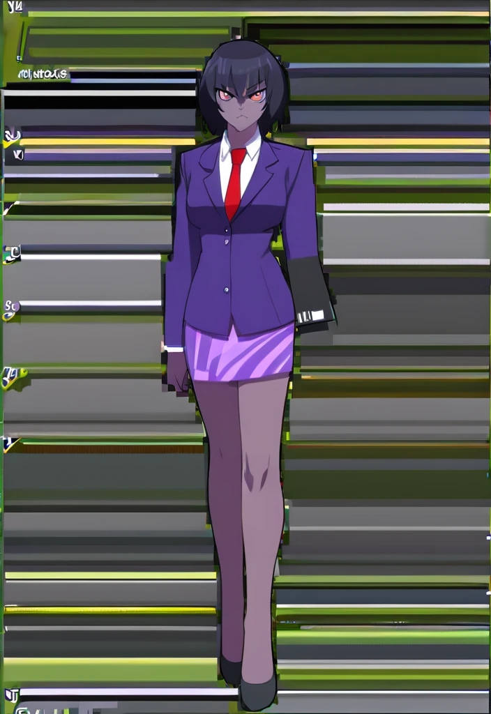 Make a evil military black anime woman in a purple skirt suit witha tie on full body