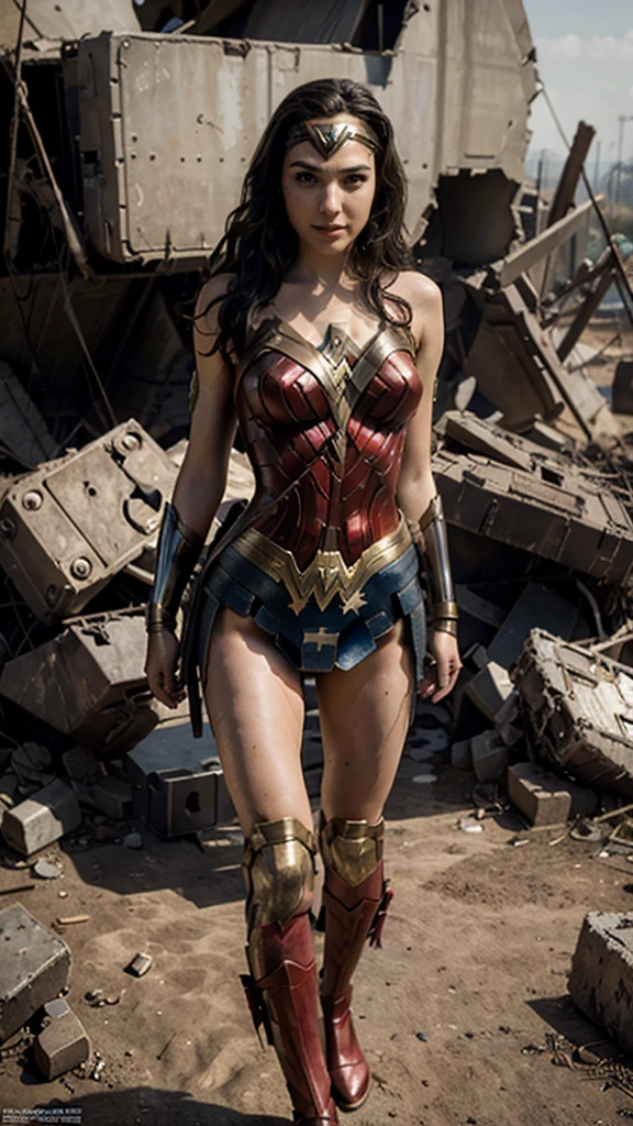 Wonder Woman gal Gadot, holding the bow in hands, stepping on a destroyed robot, with smile on face, victorious air, hyper realist, rich in detail, lente 8mm, 