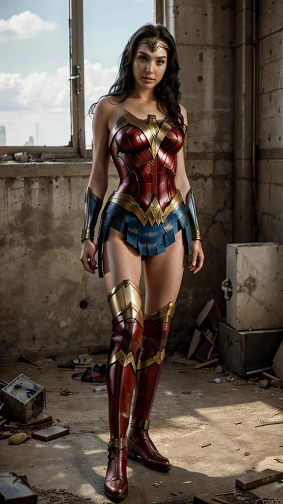 Wonder Woman gal Gadot, holding the bow in hands, stepping on a destroyed robot, with smile on face, victorious air, hyper realist, rich in detail, lente 8mm,
