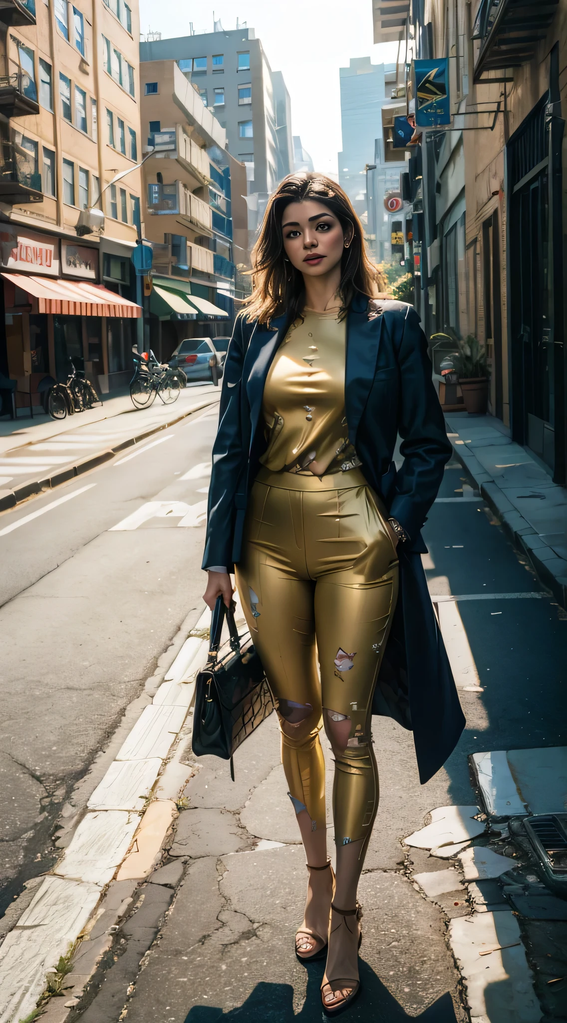 (8k, RAW photo, best quality, masterpiece: 1.2), (realistic, photorealistic: 1.37), 1 woman in suit standing on the sidewalk, cityscape, day, sunny morning, professional lighting, photon mapping, radiosity, Brazilian woman, torn, shirt, woman in suit, silk suit