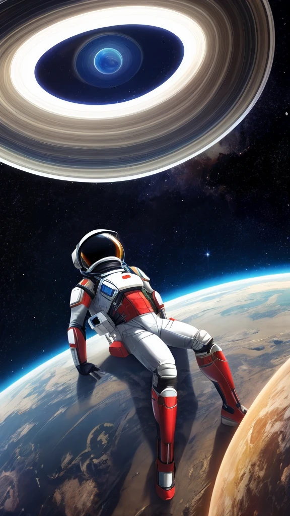 An anthropomorphic spider astronaut with spider legs in his back, looking at earth, on top of a spaceships that looks like Saturn