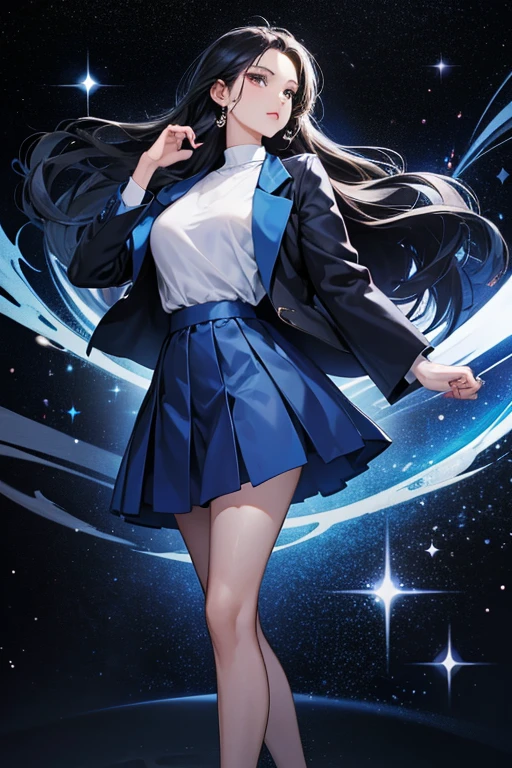 She wears a dark blue, long-sleeved jacket with a white top underneath it. She also wears a dark blue skirt and red high heels. SPARKLE; GLITTER