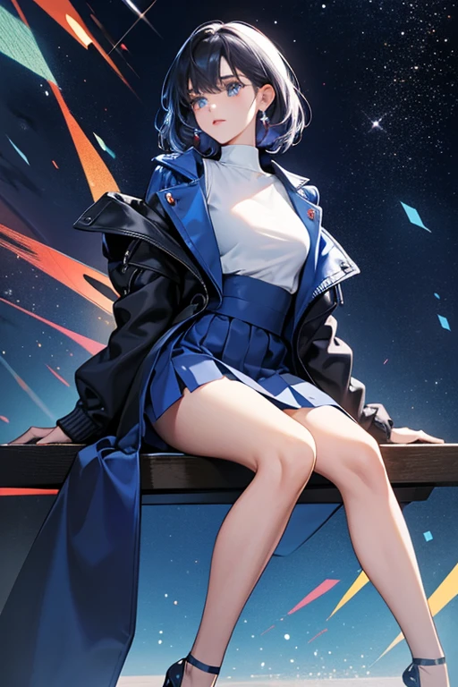 She wears a dark blue, long-sleeved jacket with a white top underneath it. She also wears a dark blue skirt and red high heels. SPARKLE; GLITTER