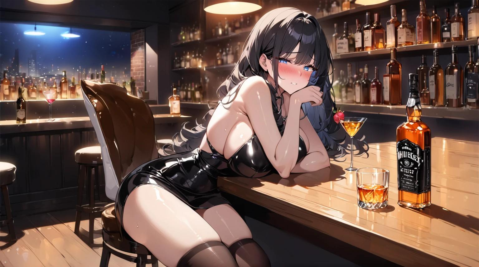 best quality, 4K, high resolution, masterpiece:1.2, Extremely detailed),Sad expression looking at the camera,Large Breasts,30 years old girl,独奏,black hair,long hair,blue eyes,(drunk,blush),sitting,drinking,((Mature sexy body)),Black stockings,Black tight skirt, Mature sexy body,holding mug,counter,pub,(Fashion bar) indoors, ((Cocktail Glass) Full of colorful wine), (dimly light room), Wine Bottle, Detailed background,Fluffy hair,((((Night scene background))))), (((at the bar))), wine, whiskey, High ball,(Shiny and glowing, Effect:1.2)