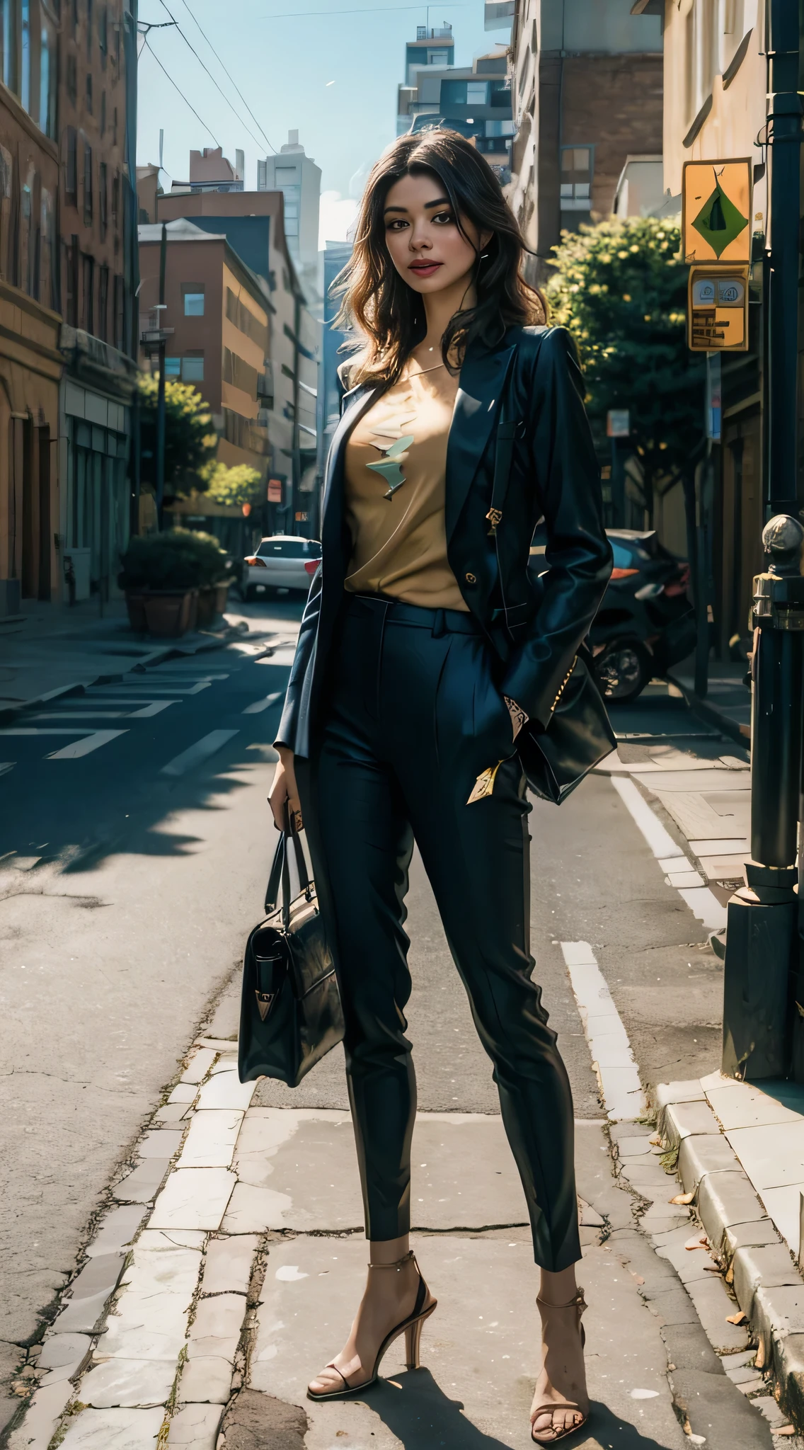 (8k, RAW photo, best quality, masterpiece: 1.2), (realistic, photorealistic: 1.37), 1 woman in suit standing on the sidewalk, cityscape, day, sunny morning, professional lighting, photon mapping, radiosity, Brazilian woman, torn, shirt, woman in suit, silk suit