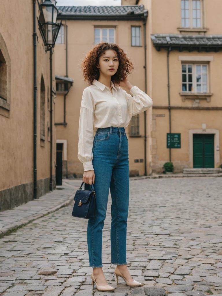 her name is Asako, high quality, 1girl, ((20-year-old fit Caucasian woman)), ((20 years old)), ((slim)), ((Korean Perm)), pose: standing, wearing trendsetting Generation-Z modern wear different colored, BACKGROUND: "At the Upper Town, with historic buildings, cobblestone streets, and St. Mark's Church with its colorful tiled roof."