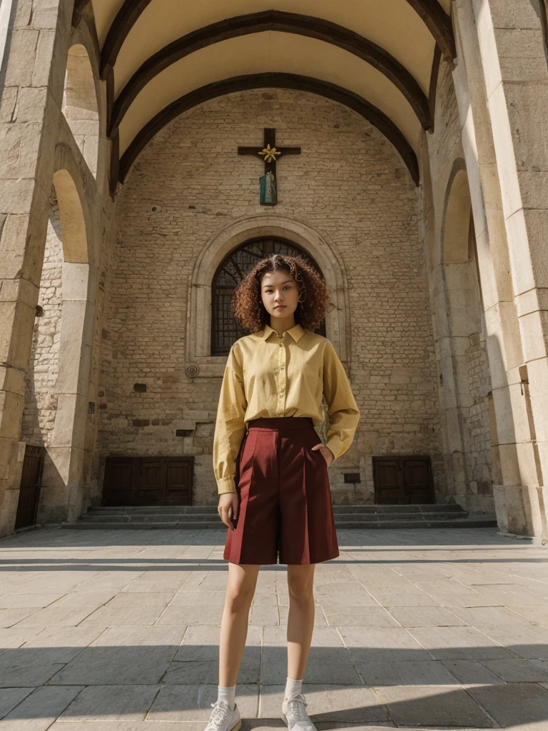 her name is Asako, high quality, 1girl, ((20-year-old fit Caucasian woman)), ((20 years old)), ((slim)), ((Korean Perm)), pose: standing, wearing trendsetting Generation-Z modern wear different colored, BACKGROUND: "At the Upper Town, with historic buildings, cobblestone streets, and St. Mark's Church with its colorful tiled roof."