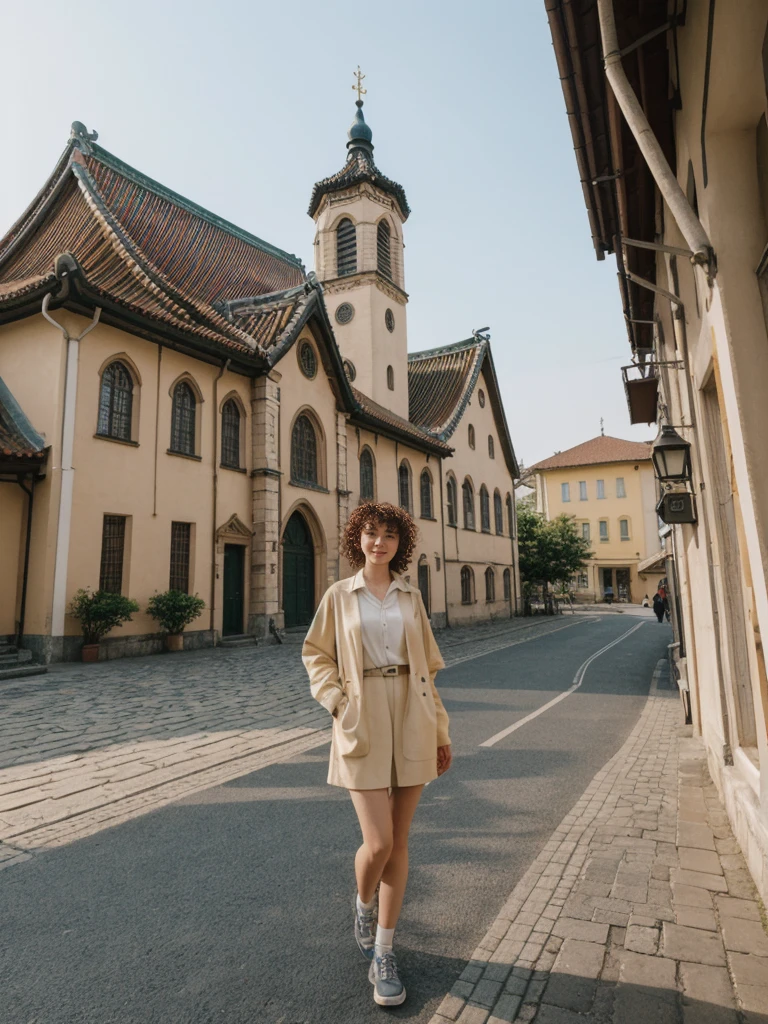 her name is Asako, high quality, 1girl, ((20-year-old fit Caucasian woman)), ((20 years old)), ((slim)), ((Korean Perm)), pose: standing, wearing trendsetting Generation-Z modern wear different colored, BACKGROUND: "At the Upper Town, with historic buildings, cobblestone streets, and St. Mark's Church with its colorful tiled roof."