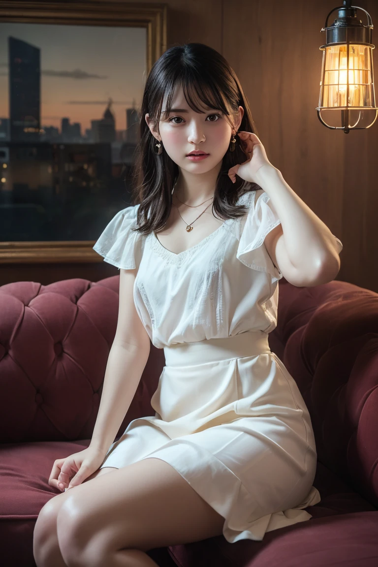 (Highest quality:1.4)，(masterpiece:1.4)，(Realistic:1.4)，(Realistic:1.2)，(超High resolution， RAW Photos:1.4)，(High resolution， Ultra-detailed:1.2)，(8K:1.2)，View your viewers，Cinematic photography，One girl，Skeletally correct fingers，Black-haired woman，(Small earrings，necklace，A cream-colored dress that fits perfectly，Long flared skirt，View from the front)，（Western-style building interior，Dimly lit room，The lamplight shines on my cheeks，Sit on the sofa）