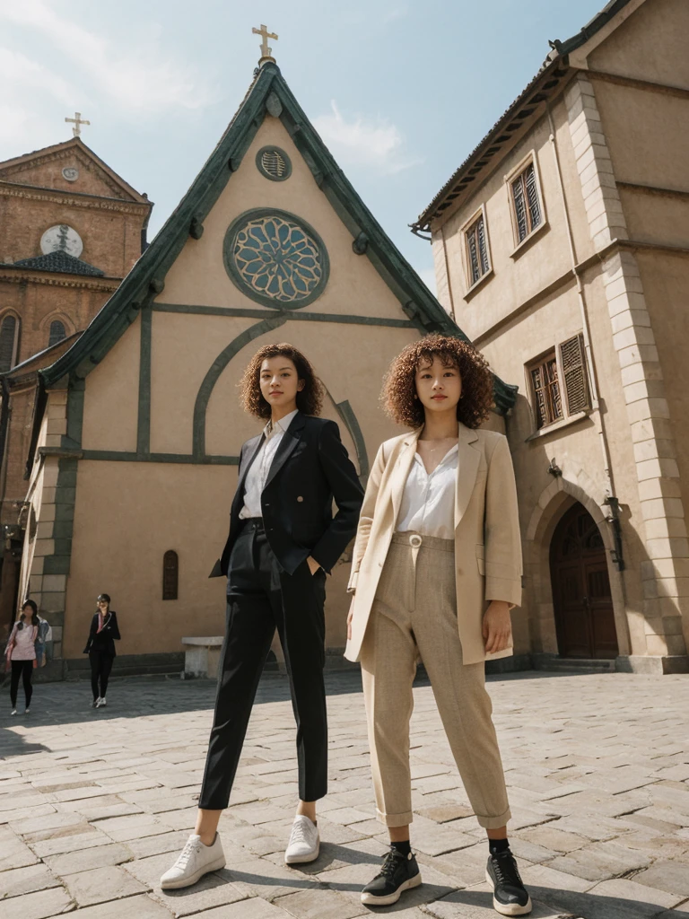 her name is Asako, high quality, 1girl, ((20-year-old fit Caucasian woman)), ((20 years old)), ((slim)), ((Korean Perm)), pose: standing, wearing trendsetting Generation-Z modern wear different colored, BACKGROUND: "At the Upper Town, with historic buildings, cobblestone streets, and St. Mark's Church with its colorful tiled roof."