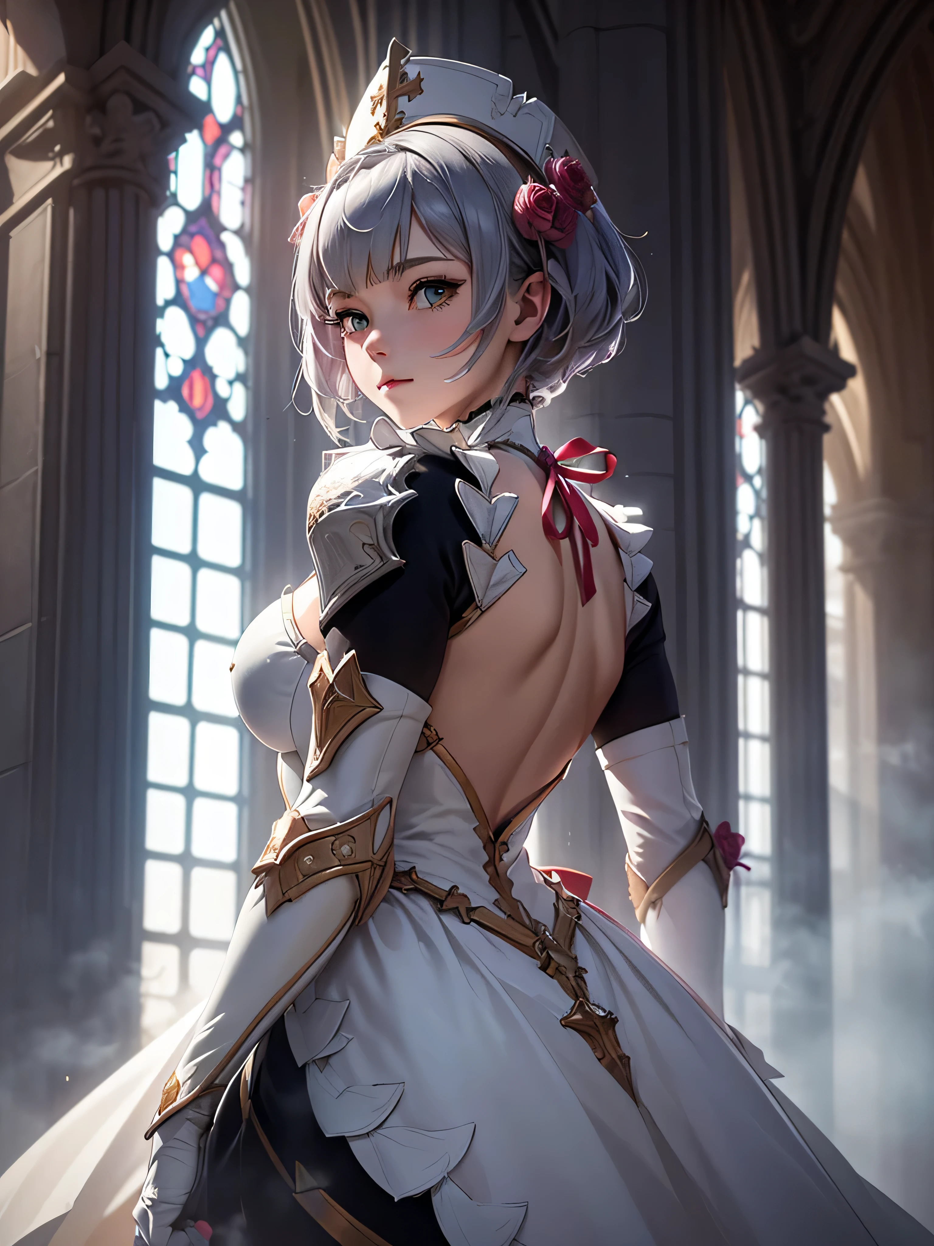 [Noelledef]:1.5,((Masterpiece,of the highest quality,Detailed images,Beautiful images))1.4(noel images、by bob、church、Cathedral、The wind blows、Overall bright lighting、backlight、A fantastic atmosphere、thick fog)1.1(Beautiful body lines、beautiful neckline)
