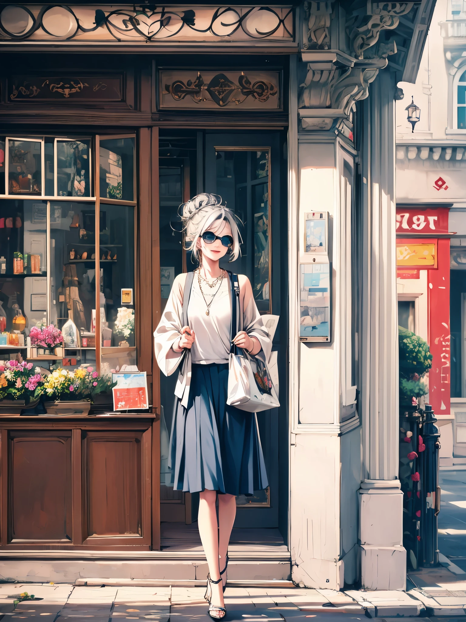 highy detailed, high qualiy, work of art, 1womanl, Walking on the street, shopping bag with both hands, happy expression, chestnut hair, tied in a messy bun, (casual outfit: 1.1), white undershirt, skirt short, high-heels, light-makeup, (silver necklace: 1.2), sunglasses on head, Holding flowers, people and shop window in the background, plein-air, Sunnyday.