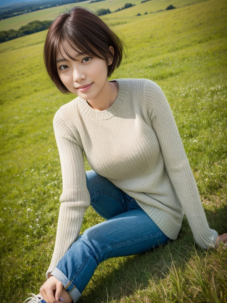 Beautiful Korean woman, 36 years old, short woman, short medium hair, green meadows in europe, Sitting on a hill where cows graze. Smile, Wearing high-quality knits and pants, comfortable shoes, wind blowing camera : Taken using Canon eos 90d DSLR camera with 18-135mm lens , Detailed skin texture , detailed face , enlargement , low exposure angle : high dynamic range (HDR) launch