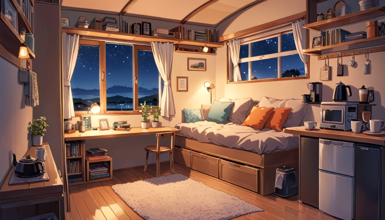 The interior of the camper van exudes a unique atmosphere that blends Lofi and Makoto Shinkai styles. The design is both comfortable and exquisite, featuring a single bed near a large window. A cute, lazy cat lies on the bed, gazing out at the night sky, evoking a sense of tranquility. Beside the bed is a table with a cup of coffee and a laptop on it. A cozy little sofa is next to the table, perfect for resting or working.
The decor is simple yet warm, with various shelves and storage spaces thoughtfully arranged. Books, photo frames, and small decorations are scattered on the shelves, adding a lived-in feel. Several warm lights softly illuminate the entire space, creating a peaceful and cozy atmosphere.
The floor is covered with a soft carpet, adding a touch of home. Though the kitchen area is small, it is fully functional with a sink, gas stove, and storage cabinets. On the table sits a coffee maker and a few bags of hand-crafted coffee beans, allowing her to enjoy a fragrant cup of coffee anytime.