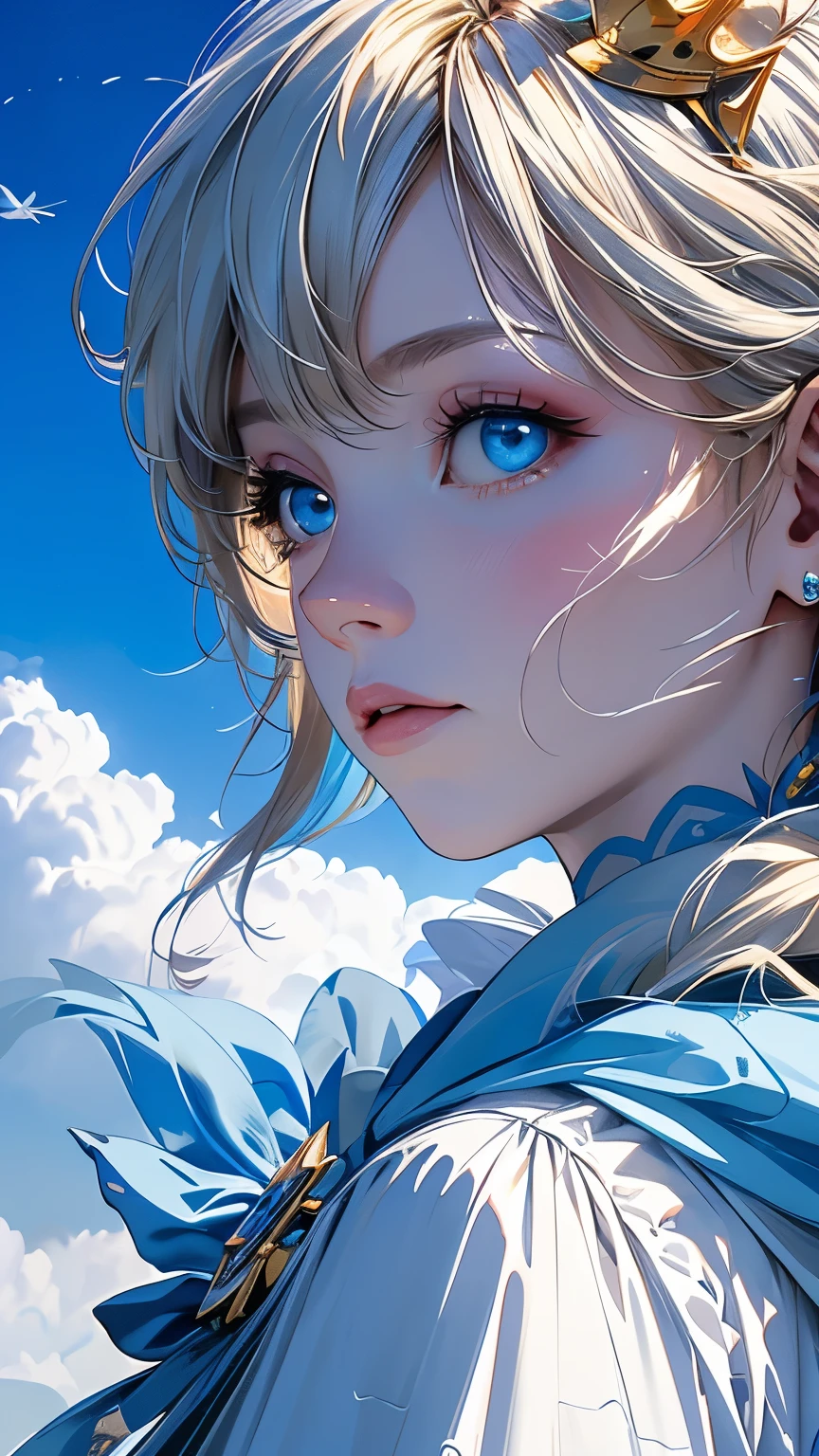 "(The best quality at its best,4K,8K,High resolution,masterpiece:1.2), Super detailed,(Actual,Realistically,Realistic:1.37), Impressionism, water中で, The rainbow is complete, Air bubbles, Small breasted girl, fish, Long white hair, 洪water, Lonely, water, Princess, Blonde、blue eyes, Short sleeve, blue eyes, Fairy, The Legend of Zelda, gem, CG, kingdom city background, Machinery, crown, Light effects."