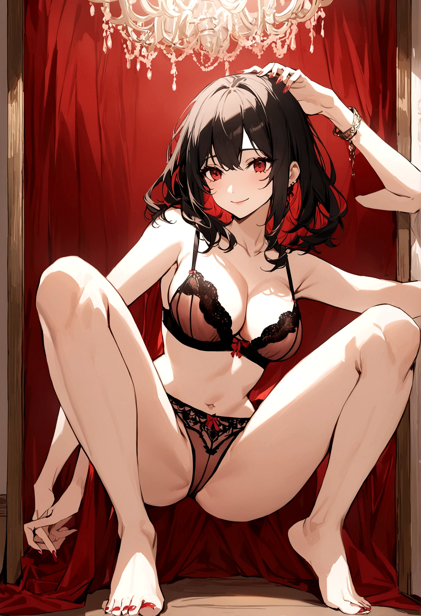 (Highest quality:1.2, High Detail, masterpiece:1.2, Best aesthetics), (1 girl), Beautiful woman, Beautiful detailed eyes, Beautiful detailed lips, Highly detailed face, Delicate depiction of hair and eyes, Detailed Fashion, ((Portraiture, Cowboy Shot)), Aqua Eye, huge ahoge, Mouth open, Earrings, View your viewers, attractive breasts, huge breasts, upper body, full body from knees to head, in the room, gaze away, high exposure, gaze into the distance, smile lightly, bared navel, lots of exposure, Emphasize cleavage, fancy sheer bra and pantie, naked arms and legs, fancy nails, sheer lingerie, sheer red bra, T-back, spread legs, black hair, bracelet, medium hair, red color inner hair,
