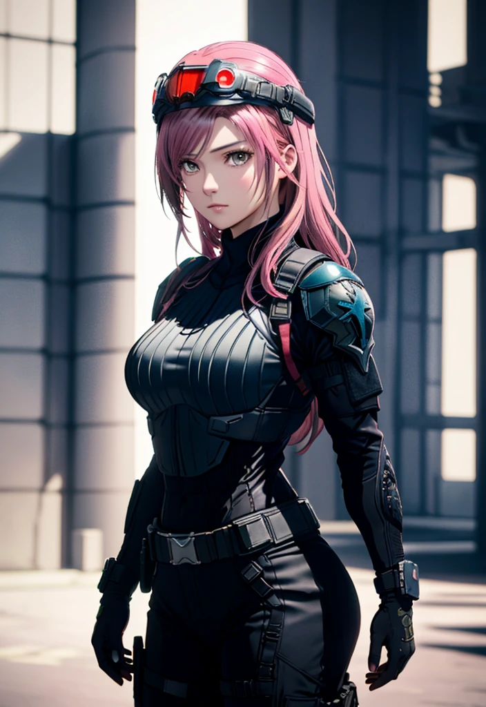 Metal Gear Solid Style, (Detailed complex full-coverage tactical helmet:1.3), (Pink hair), Cowboy Shot, Dynamic Pose, 1girl in, Solo, Ray tracing, (masutepiece), (Best Quality), (Detailed), (Detailed tactical equipment:1.1), (Body Armor:1.1), Combat Pants, gloves, (Intricate background:1.1),