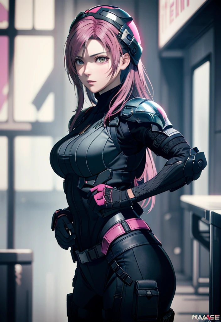 Metal Gear Solid Style, (Detailed complex full-coverage tactical helmet:1.3), (Pink hair), Cowboy Shot, Dynamic Pose, 1girl in, Solo, Ray tracing, (masutepiece), (Best Quality), (Detailed), (Detailed tactical equipment:1.1), (Body Armor:1.1), Combat Pants, gloves, (Intricate background:1.1),
