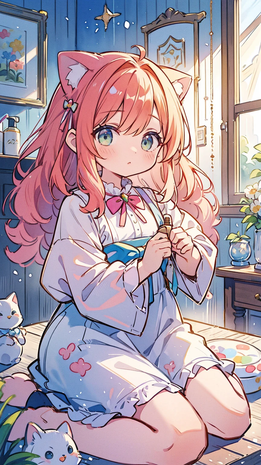 Yumekawa 、beautiful like a dream、with rimuya、(first task、Maximum Quality、Maximum Quality、watercolor painting(curly)、Meet the cute cat、official art、beautifully aesthetic:1.2)、(Beautiful girl:1.3)、pattern、(Iridescent hair、cabelo fancy:1.2)、soap bubble、behind the rainbow、cloud、fancy、soap bubble、Hair spreads everywhere、cute、pie、big ribbon、Charming Room、rainbow cat plush