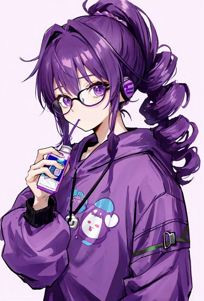 young male, purple sweatshirt, high quality, ponytail hairstyle, curly hair, wearing round glasses, anime style, holding a cute juice box, using headset, sjades purple