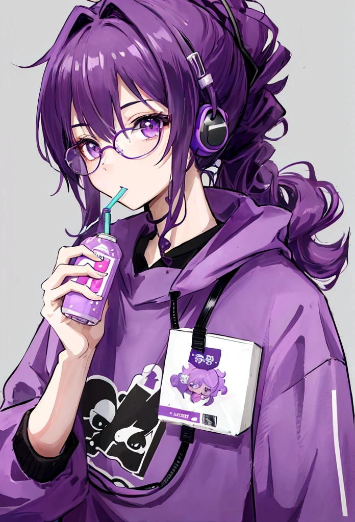young male, purple sweatshirt, high quality, ponytail hairstyle, curly hair, wearing round glasses, anime style, holding a cute juice box, using headset, sjades purple