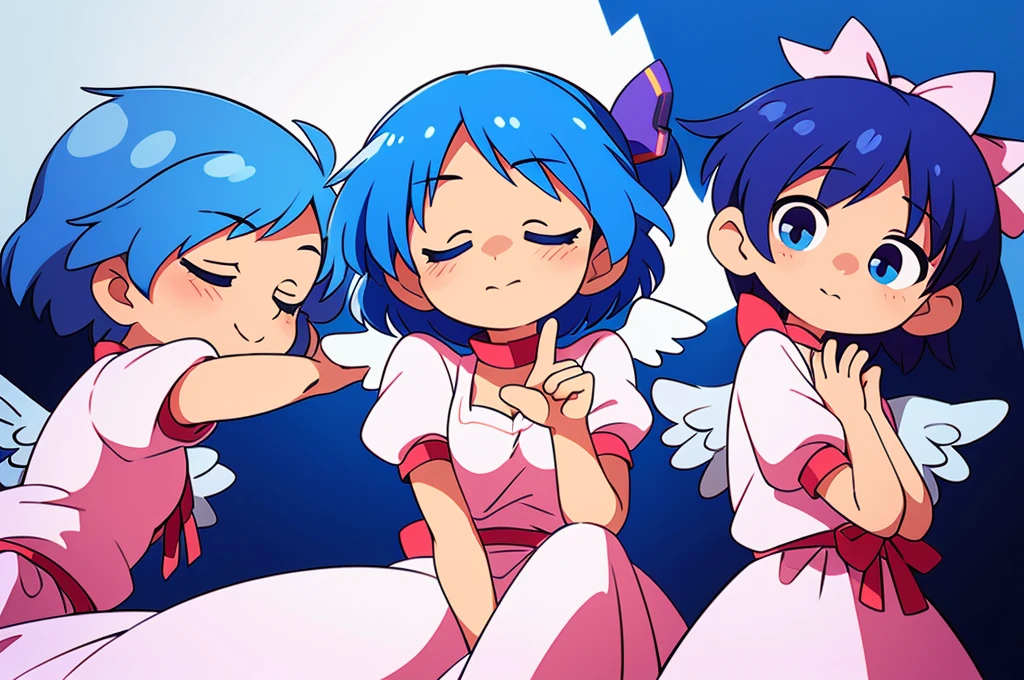 (best quality,4k,8k,highres,masterpiece:1.2), ultra-detailed, highly detailed texture, intricate details, A cute teenage angel with blue eyes, drawn in anime style, 1girl, , , 10 years old, medium blue hair, hair flaps, pink ribbon on head, well-formed face, blue eyes, angel girl, white blouse, puffy short sleeves, red ribbon, angel wings, long white skirt, red shoes, frills, ribbon head, A pair of angel wings on the back, from behind, to lift up one’s skirt, cowboy shot, from front, standing , raise one leg, crossed arms, arms up behind, arms behind back, hand between legs, put hands hip, one hand on hip, forward hands, arms raised in the air, punch hands, peace sign, waving, put up index finger, sit, lie down, closed eyes, lie face down, looking back, put one hand chest, leaning forward, cleavage, close up, horizontally outstretched arms, horizontally outstretched legs, front view, front face