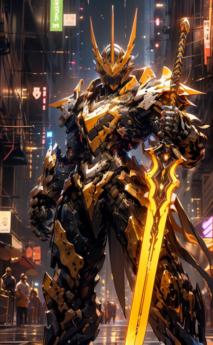 arafed image of a robot with a sword in a city, from arknights, guilty gear strive splash art, gold paladin, style of duelyst, epic paladin armor, arknights, ares with heavy armor and sword, cool mecha style, krenz cushart and wenjun lin, 8k hd wallpaperjpeg artifact neon purple 