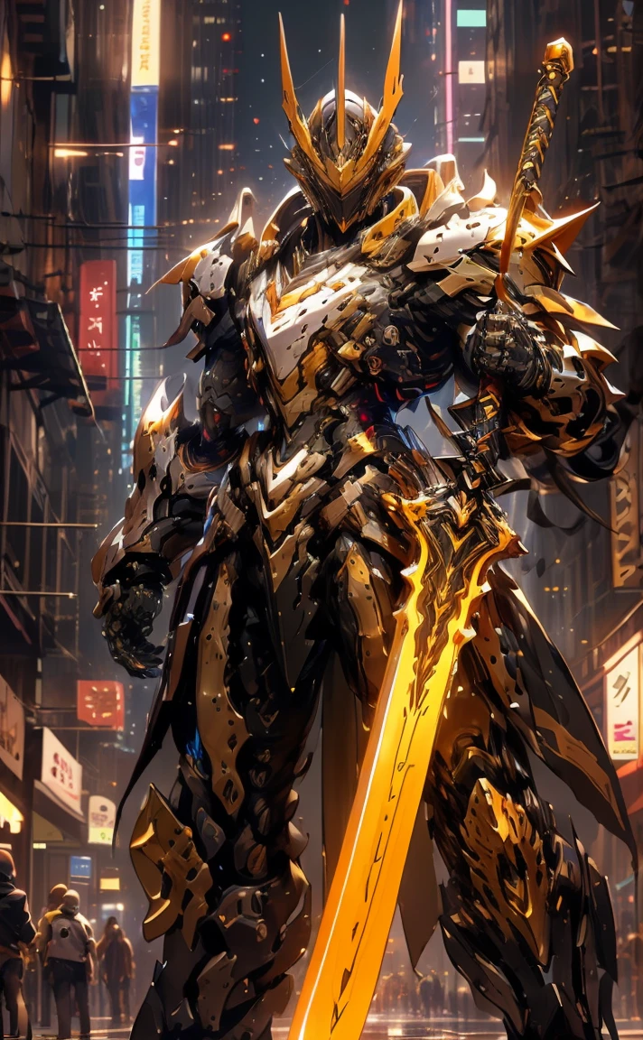 arafed image of a robot with a sword in a city, from arknights, guilty gear strive splash art, gold paladin, style of duelyst, epic paladin armor, arknights, ares with heavy armor and sword, cool mecha style, krenz cushart and wenjun lin, 8k hd wallpaperjpeg artifact neon purple 