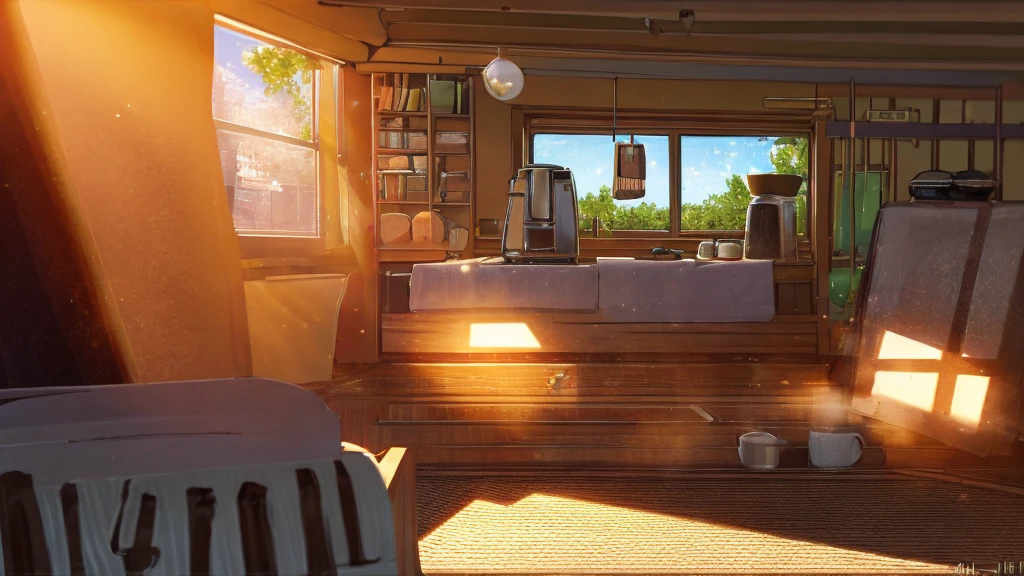 The interior of the camper van exudes a unique atmosphere that blends Lofi and Makoto Shinkai styles. The design is both comfortable and exquisite, featuring a single bed near a large window. A cute, lazy cat lies on the bed, gazing out at the night sky, evoking a sense of tranquility. Beside the bed is a table with a cup of coffee and a laptop on it. A cozy little sofa is next to the table, perfect for resting or working.
The decor is simple yet warm, with various shelves and storage spaces thoughtfully arranged. Books, photo frames, and small decorations are scattered on the shelves, adding a lived-in feel. Several warm lights softly illuminate the entire space, creating a peaceful and cozy atmosphere.
The floor is covered with a soft carpet, adding a touch of home. Though the kitchen area is small, it is fully functional with a sink, gas stove, and storage cabinets. On the table sits a coffee maker and a few bags of hand-crafted coffee beans, allowing her to enjoy a fragrant cup of coffee anytime.