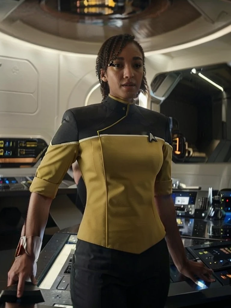 Tawny newsome in yellow sttldunf uniform,on starship bridge,