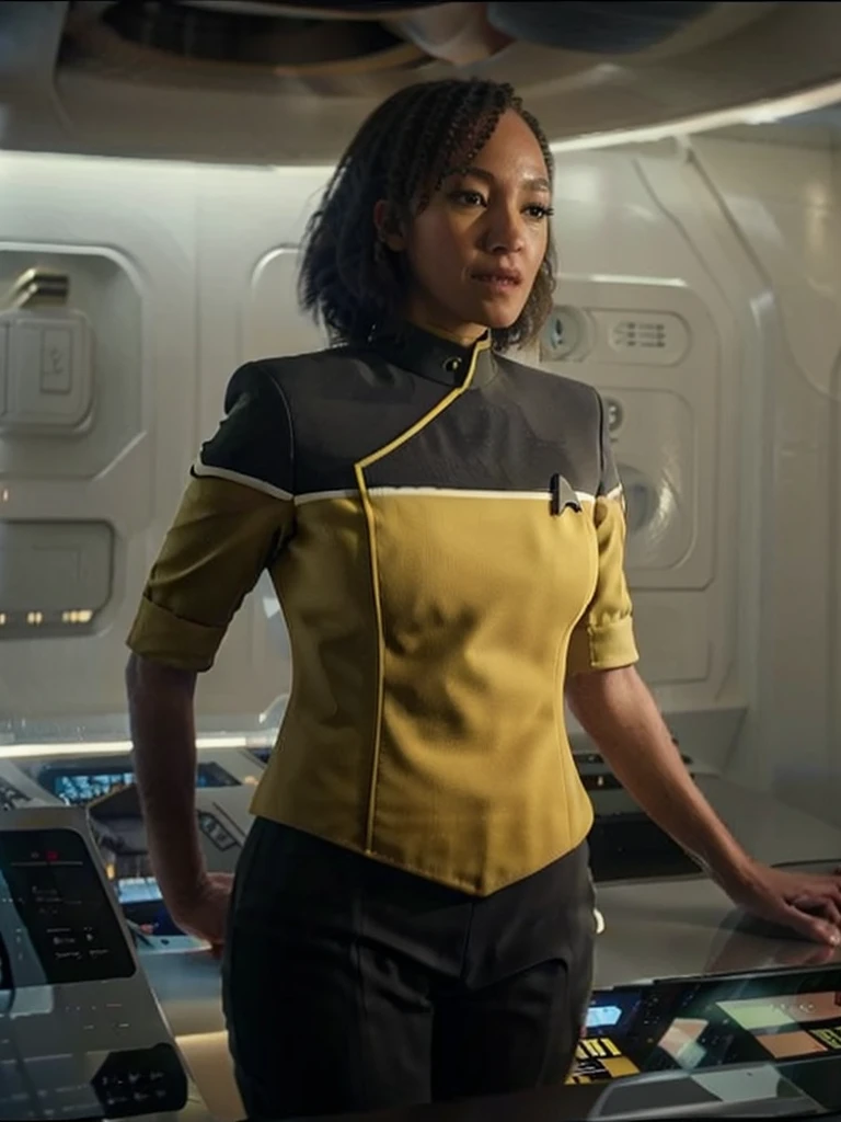 Tawny newsome in yellow sttldunf uniform,on starship bridge,