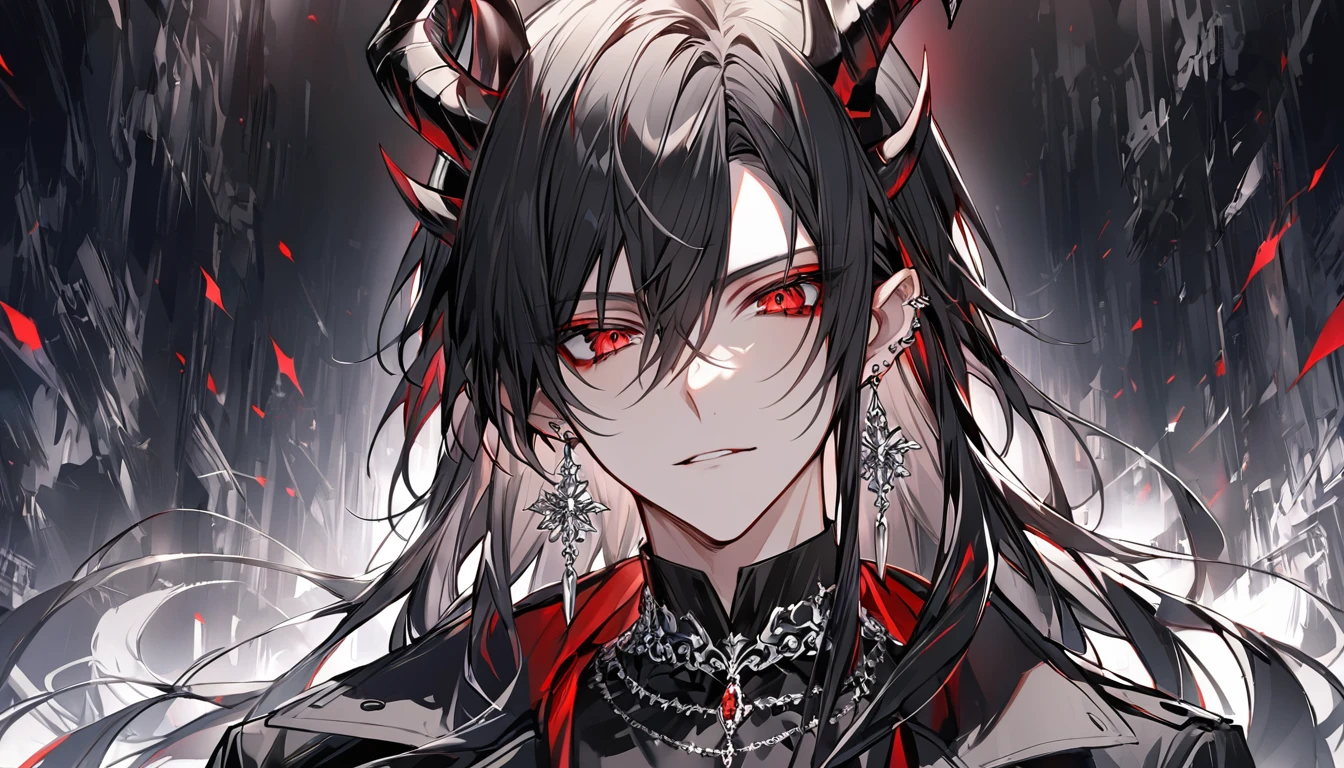 alone, good looking, 1 male, Long hair, Middle parted hair, Black hair, Red eyes, Black shirt, White Thailand, Black Trench Coat, Royal Silver Jewellery, Royal Demon Earrings, Black horns, Front Facing, Vtuber Front Facing Camera