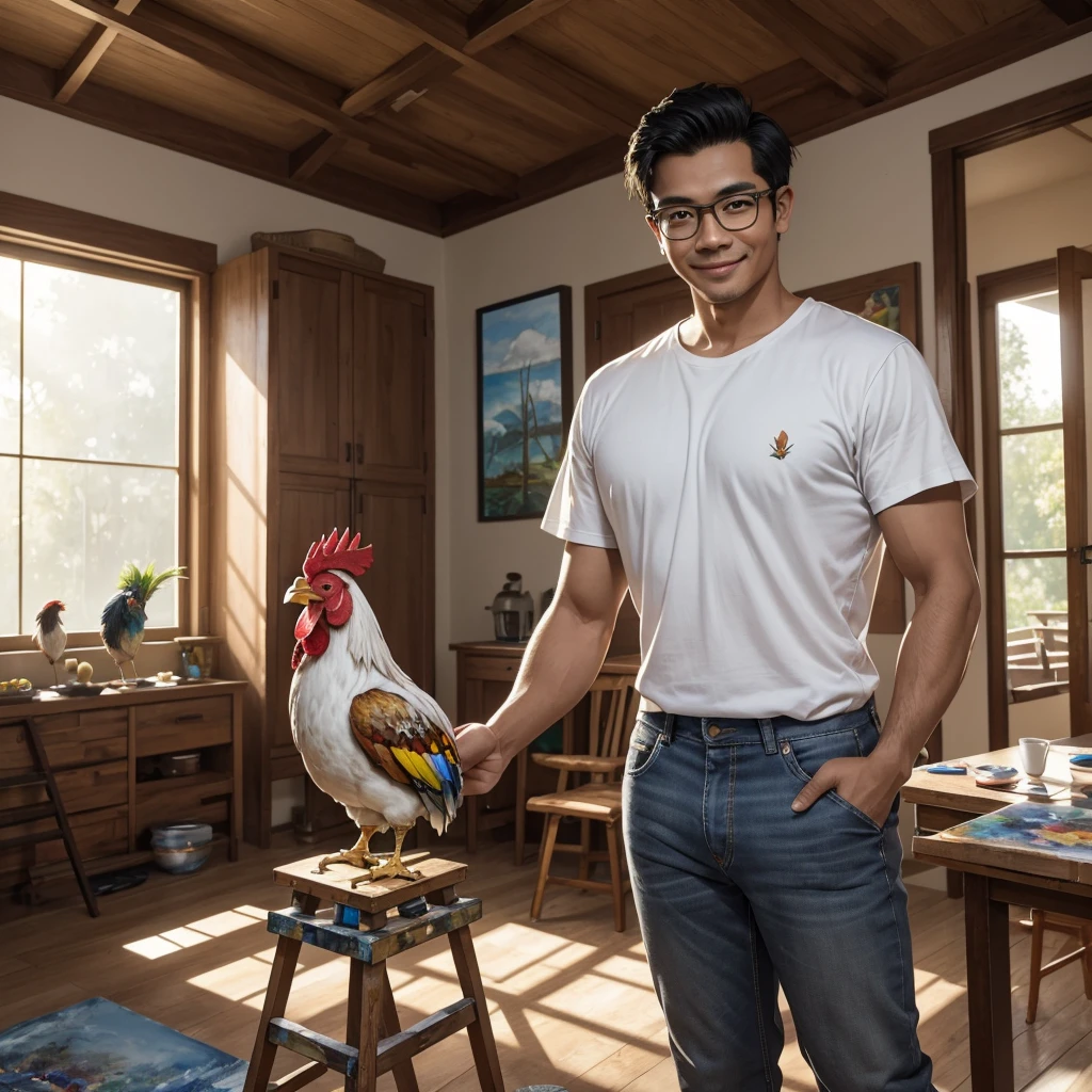 Candid, photography, 3d, realistic;  a handsome Indonesian male artist, with a clean, neat face (no mustache, no beard, no beard), wearing clear glasses.  wearing a gray t-shirt, jeans, flip-flops, smiling, painting on a canvas placed on a wooden tripod.  painted a small  holding a brightly colored rooster.  The  sat relaxed, and the chicken's tail feathers displayed a beautiful spectrum of colors.  The artist holds a palette of various colors and uses a fine brush to add details to his painting.  Sunlight filters through the house's transparent glass roof, creating a warm and inviting atmosphere that highlights the naturalistic theme.