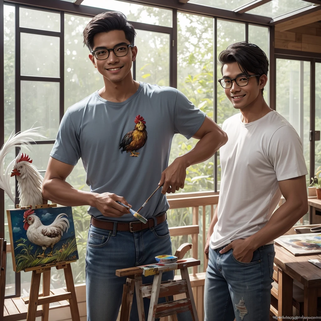 Candid, photography, 3d, realistic;  a handsome Indonesian male artist, with a clean, neat face (no mustache, no beard, no beard), wearing clear glasses.  wearing a gray t-shirt, jeans, flip-flops, smiling, painting on a canvas placed on a wooden tripod.  painted a small  holding a brightly colored rooster.  The  sat relaxed, and the chicken's tail feathers displayed a beautiful spectrum of colors.  The artist holds a palette of various colors and uses a fine brush to add details to his painting.  Sunlight filters through the house's transparent glass roof, creating a warm and inviting atmosphere that highlights the naturalistic theme.