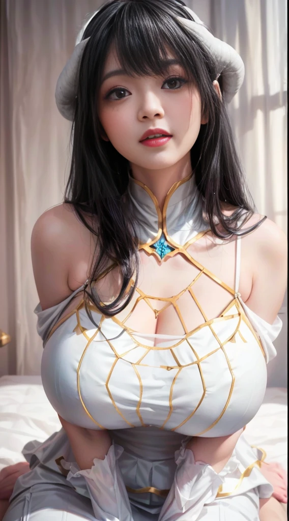 (((albedo \(the good\), white horns, demonic horns, Pupil of the slit,White dress, long skirt,Black wings, Feathered wings,black color hair,Golden pupils,Fashionab))),((tmasterpiece)),A high resolution, ((Best quality at best)),tmasterpiece,top-quality,Best quality,((( exquisite features,looking at viewert,There is light in the eyes,Smilingly,Self-confident ))),(((Light and shadow interlace,huge boob,Lop,Protruding nipples))),(((araf asian woman posing, Looking up from the bottom,face flushed,an sexy,sn a bed,with her mouth open、Put your arms behind your head、)), horns